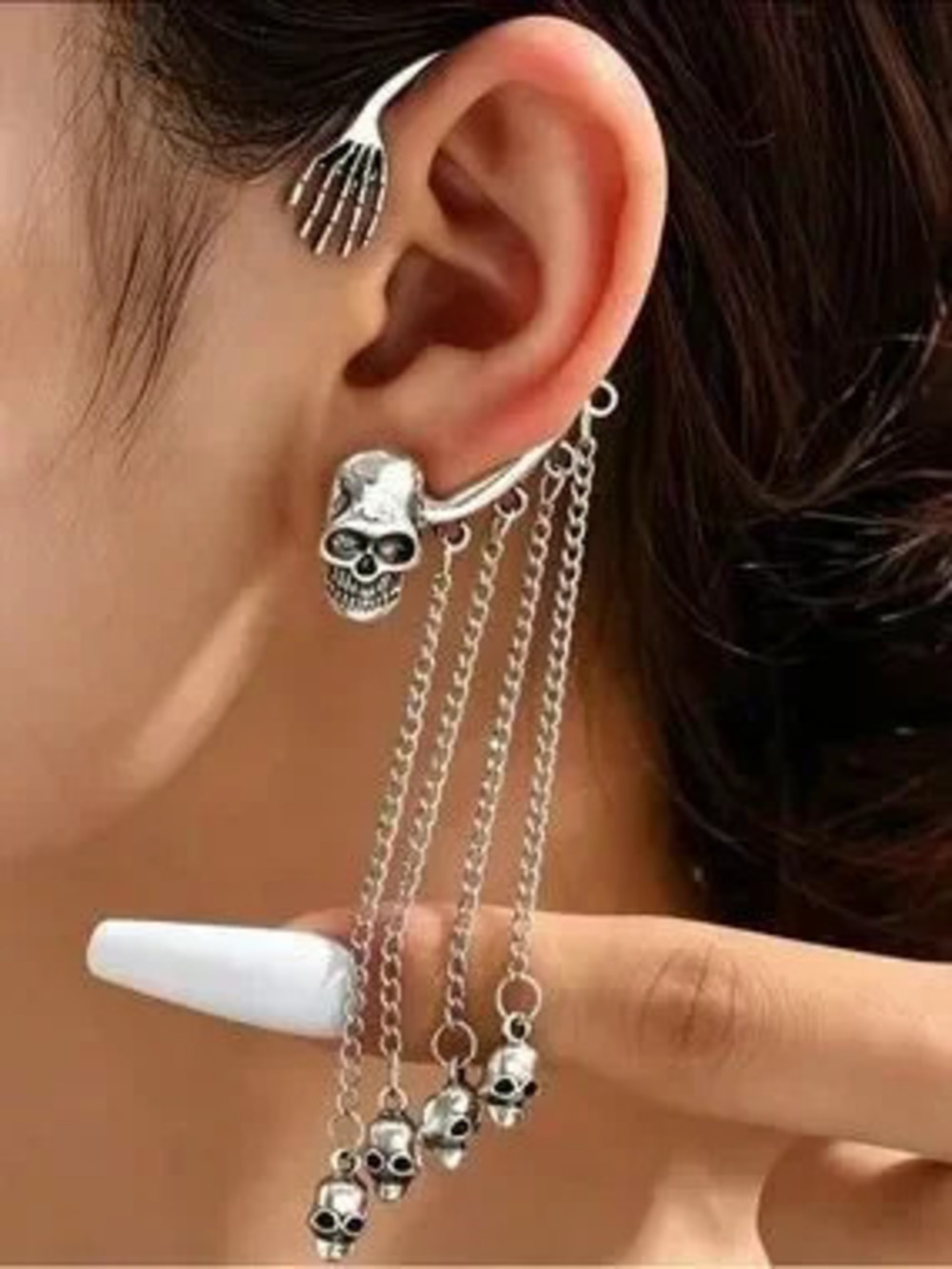 Silver Skull Chain Ear Cuff with Tassel Skulls